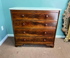 19th Century Flame Mahogany Marble Top 4 Drawers Dresser Chest.